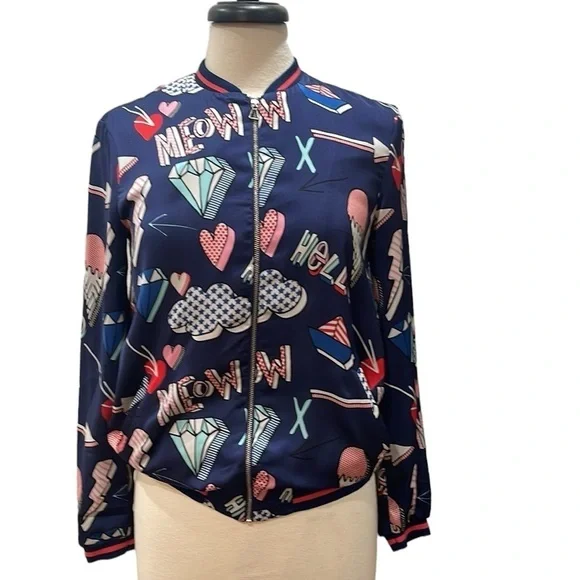 Zara TRF Outerwear Pop Art MEOW Bomber Jacket Navy Full Zip SZ S - Picture 3 of 8